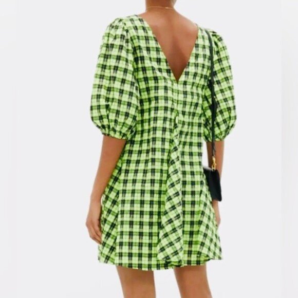 CIDER Women's Black/Lime Neon Plaid V-Neck Half Sleeve Mini Dress Size Large NWT - Picture 10 of 10